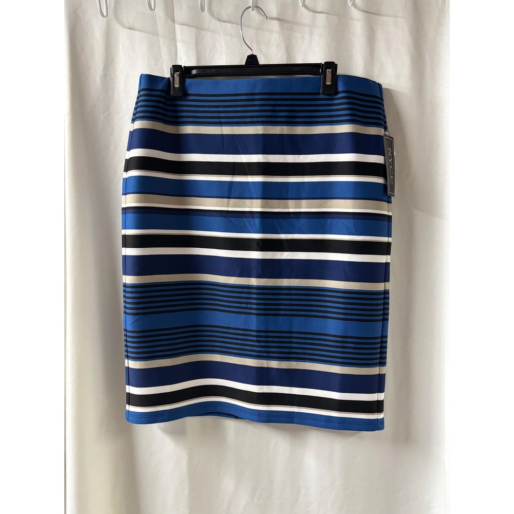 NYCC New York Clothing Co Blue‎ Striped Scuba Pencil Skirt Womens Large NWT